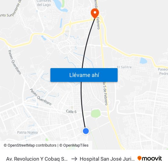 Av. Revolucion Y Cobaq Satelite to Hospital San José Juriquilla map