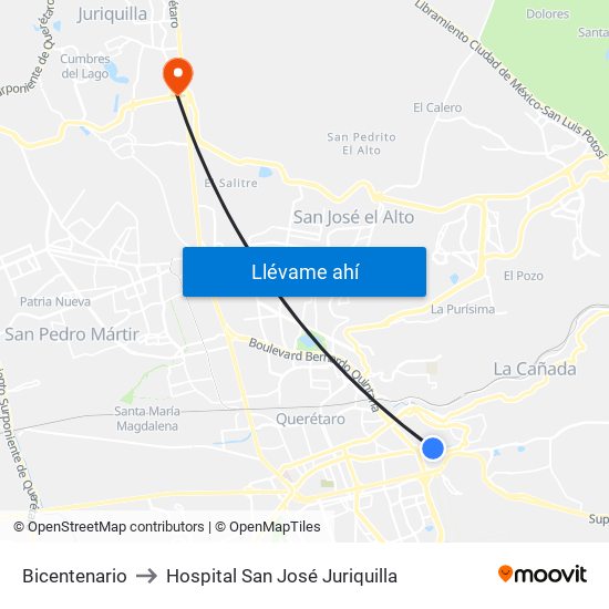 Bicentenario to Hospital San José Juriquilla map