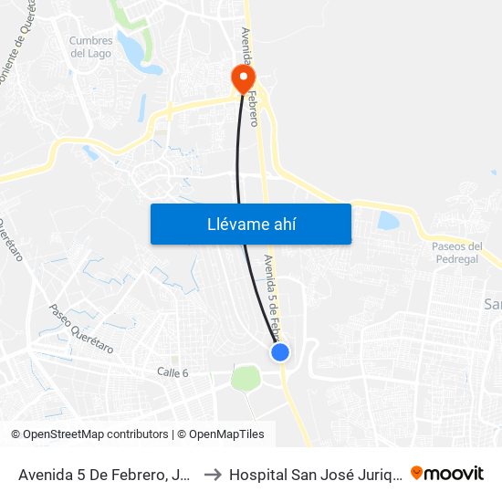 Avenida 5 De Febrero, Jurica to Hospital San José Juriquilla map