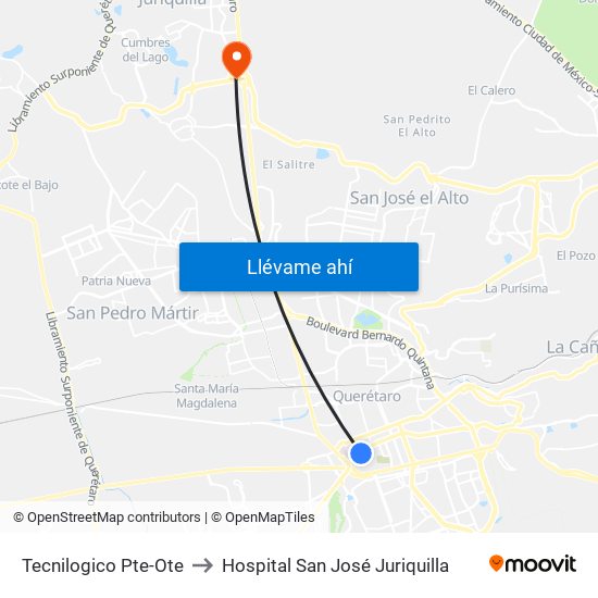 Tecnilogico Pte-Ote to Hospital San José Juriquilla map