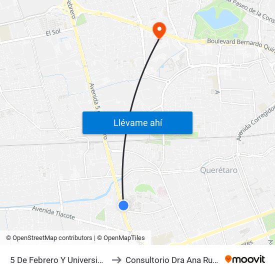 5 De Febrero Y Universidad Autonoma De Qro. to Consultorio Dra Ana Rubio Gastrocirugia 528 map