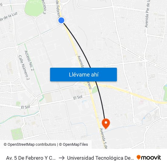 Av. 5 De Febrero Y Corporativo Santander to Universidad Tecnológica De México Campus Querétaro map