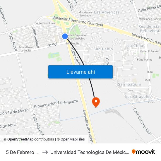 5 De Febrero Y Coahuila to Universidad Tecnológica De México Campus Querétaro map