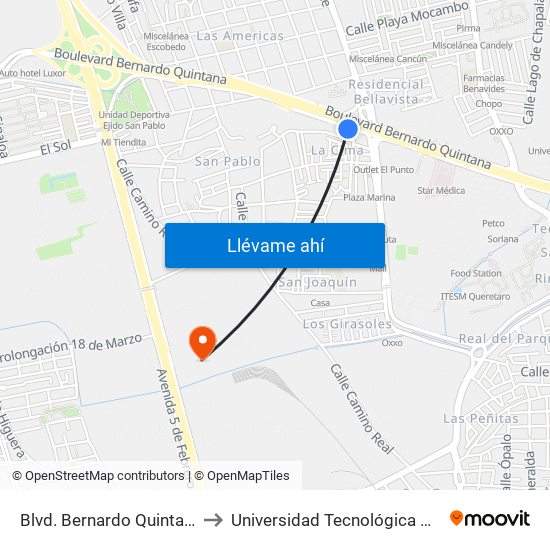 Blvd. Bernardo Quintana Y Loma De San Pablo to Universidad Tecnológica De México Campus Querétaro map