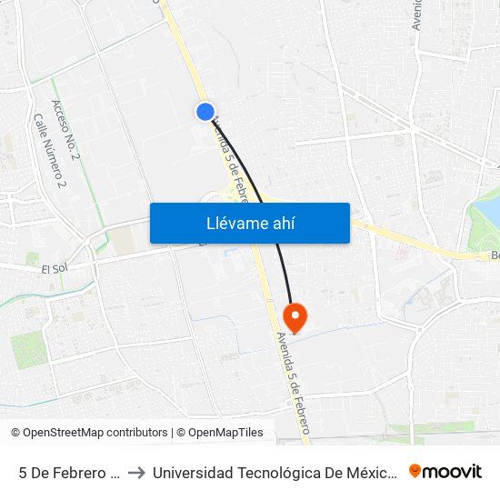 5 De Febrero Y Tremec to Universidad Tecnológica De México Campus Querétaro map