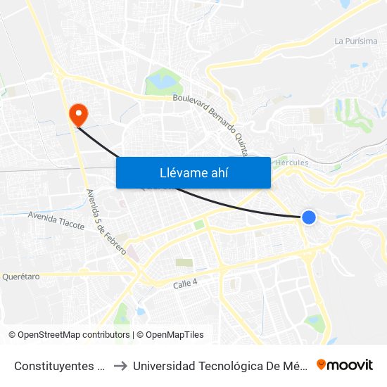 Constituyentes Y Monte Sinai to Universidad Tecnológica De México Campus Querétaro map