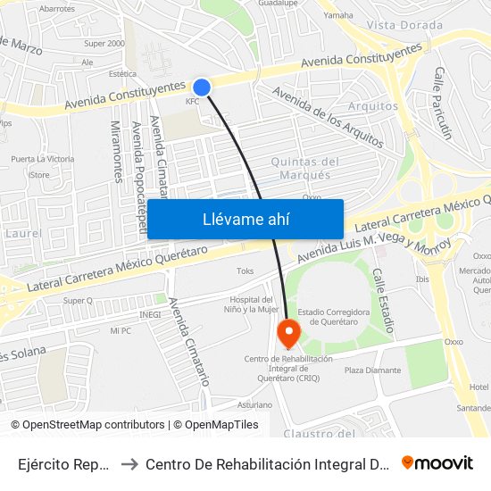 Ejército Republicano to Centro De Rehabilitación Integral De Querétaro (Criq) map