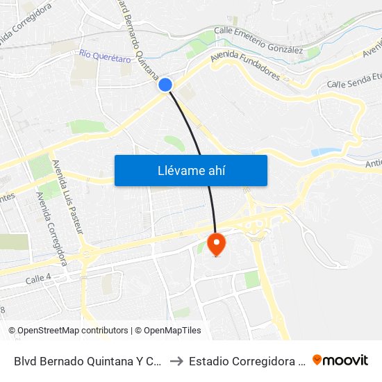 Blvd Bernado Quintana Y Calz De Los Arcos to Estadio Corregidora De Querétaro map