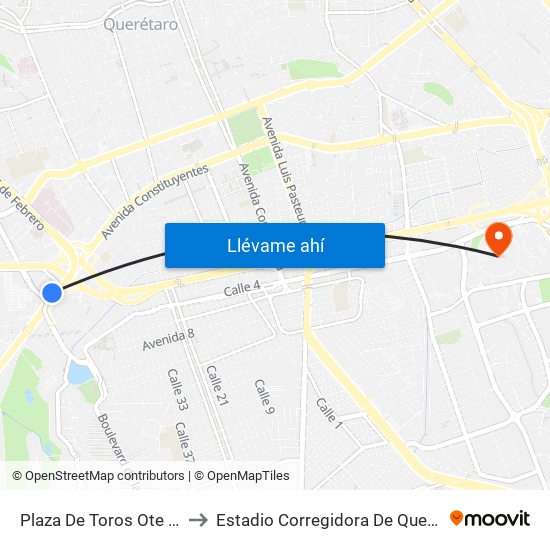 Plaza De Toros Ote - Pte to Estadio Corregidora De Querétaro map