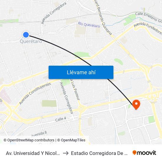 Av. Universidad Y Nicolas Bravo to Estadio Corregidora De Querétaro map