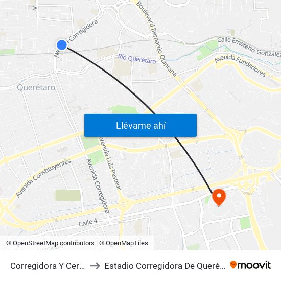 Corregidora Y Cerrito to Estadio Corregidora De Querétaro map