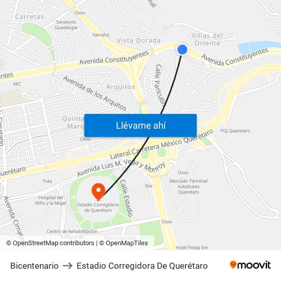 Bicentenario to Estadio Corregidora De Querétaro map
