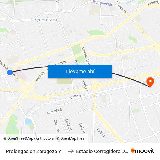 Prolongación Zaragoza Y 5 De Febrero to Estadio Corregidora De Querétaro map