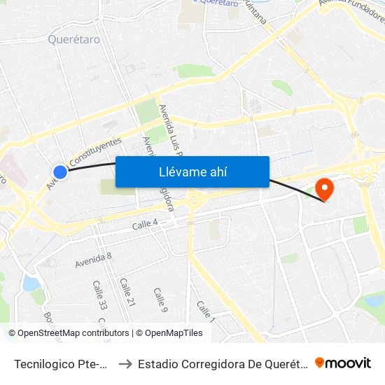 Tecnilogico Pte-Ote to Estadio Corregidora De Querétaro map