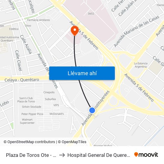 Plaza De Toros Ote - Pte to Hospital General De Queretaro map