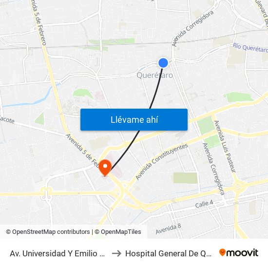 Av. Universidad Y Emilio Carranza to Hospital General De Queretaro map