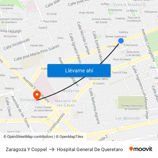 Zaragoza Y Coppel to Hospital General De Queretaro map