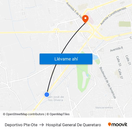 Deportivo Pte-Ote to Hospital General De Queretaro map