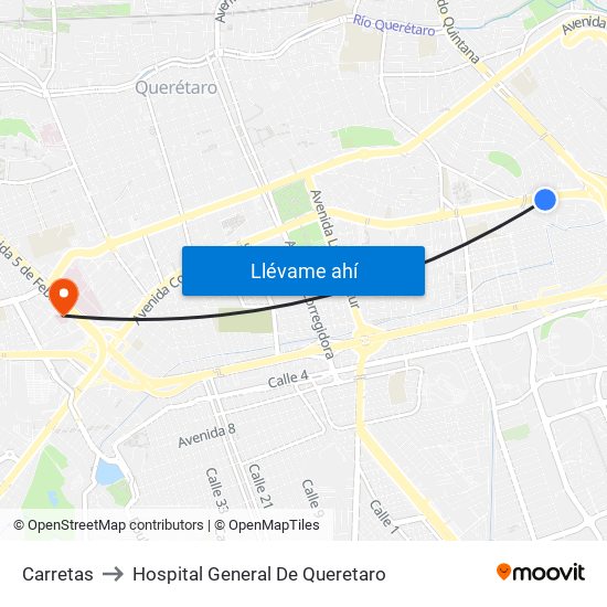 Carretas to Hospital General De Queretaro map