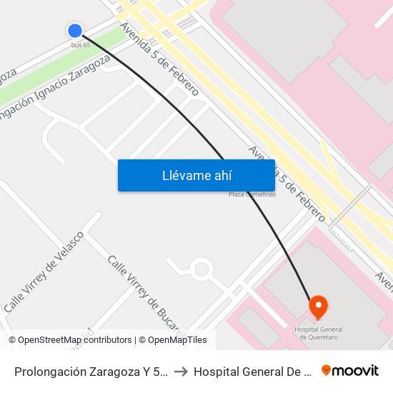 Prolongación Zaragoza Y 5 De Febrero to Hospital General De Queretaro map