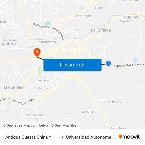 Antigua Cuesta China Y Puente Conin to Universidad Autónoma De Querétaro map