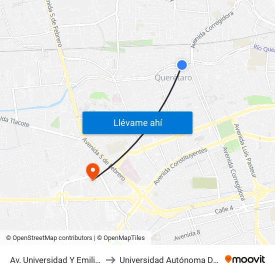 Av. Universidad Y Emilio Carranza to Universidad Autónoma De Querétaro map