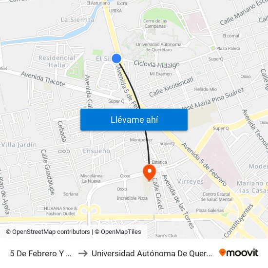 5 De Febrero Y Cea to Universidad Autónoma De Querétaro map