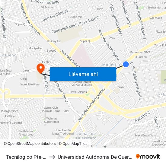 Tecnilogico Pte-Ote to Universidad Autónoma De Querétaro map