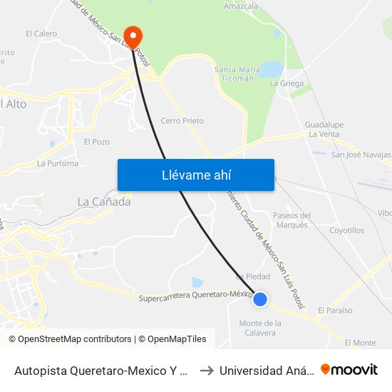 Autopista Queretaro-Mexico Y Parque Industrial El Marques to Universidad Anáhuac Querétaro map