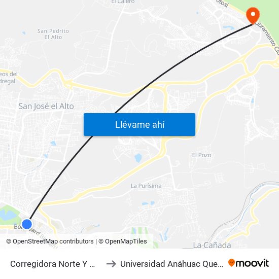 Corregidora Norte Y Morera to Universidad Anáhuac Querétaro map