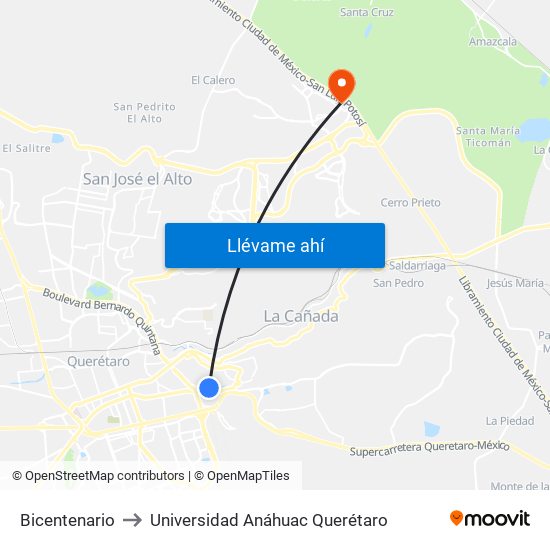 Bicentenario to Universidad Anáhuac Querétaro map