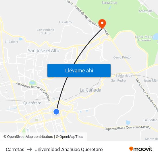 Carretas to Universidad Anáhuac Querétaro map