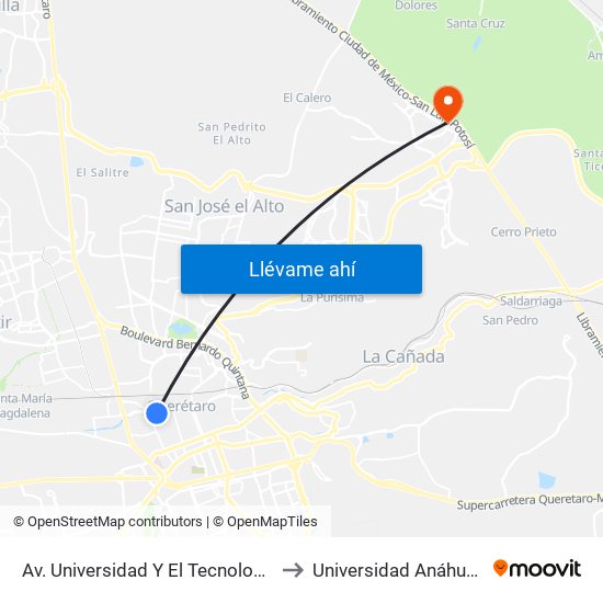 Av. Universidad Y El Tecnologico De Queretaro to Universidad Anáhuac Querétaro map