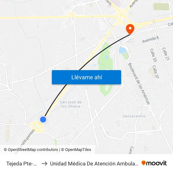 Tejeda Pte-Ote to Unidad Médica De Atención Ambulatoria map