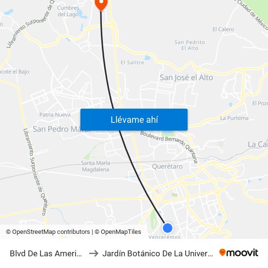 Blvd De Las Americas Y Enrique Bordes to Jardín Botánico De La Universidad Autónoma De Querétaro map