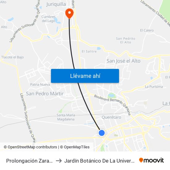 Prolongación Zaragoza Y 5 De Febrero to Jardín Botánico De La Universidad Autónoma De Querétaro map