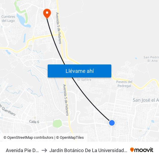 Avenida Pie De La Cuesta to Jardín Botánico De La Universidad Autónoma De Querétaro map