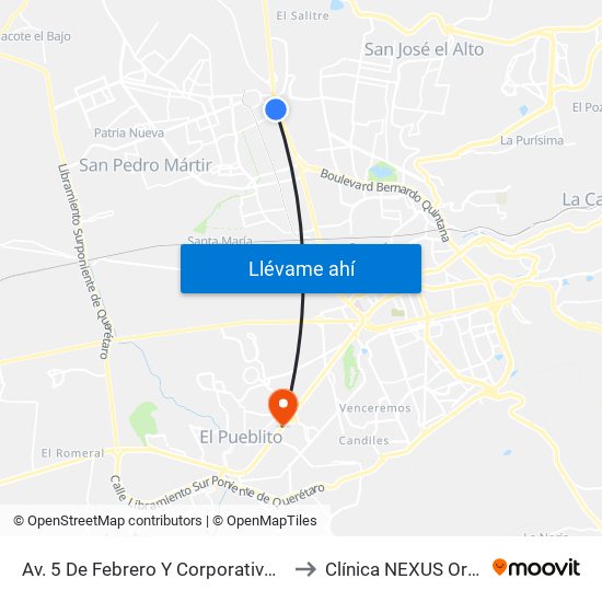 Av. 5 De Febrero Y Corporativo Santander to Clínica NEXUS Ortosport map