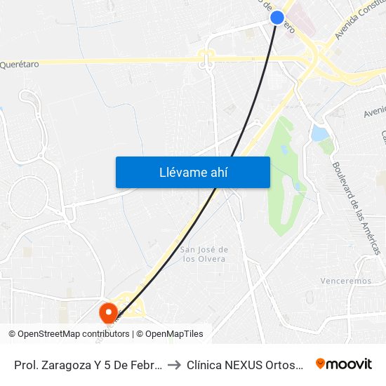 Prol. Zaragoza Y 5 De Febrero to Clínica NEXUS Ortosport map