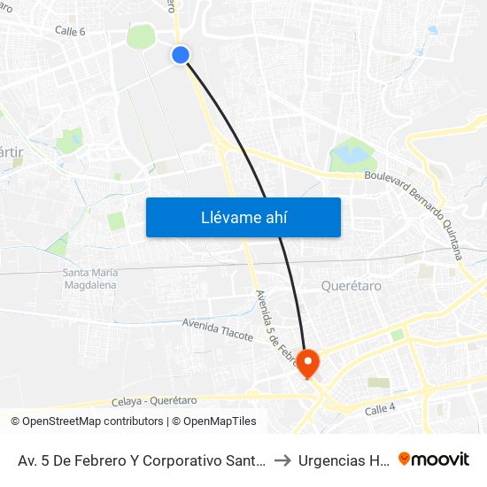 Av. 5 De Febrero Y Corporativo Santander to Urgencias HGQ map