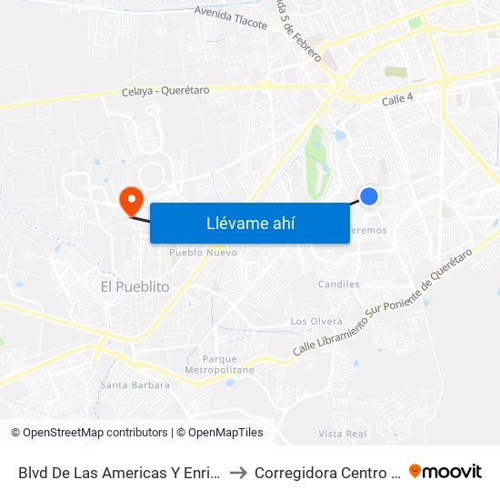 Blvd De Las Americas Y Enrique Bordes to Corregidora Centro de Salud map