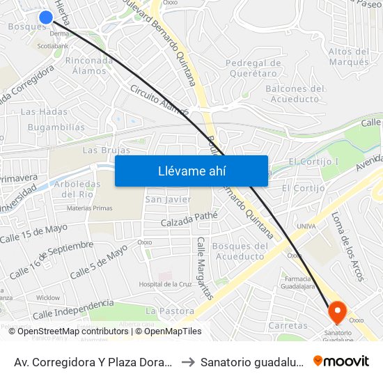 Av. Corregidora Y Plaza Dorada to Sanatorio guadalupe map