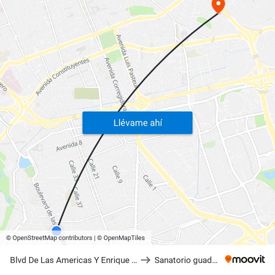 Blvd De Las Americas Y Enrique Bordes to Sanatorio guadalupe map
