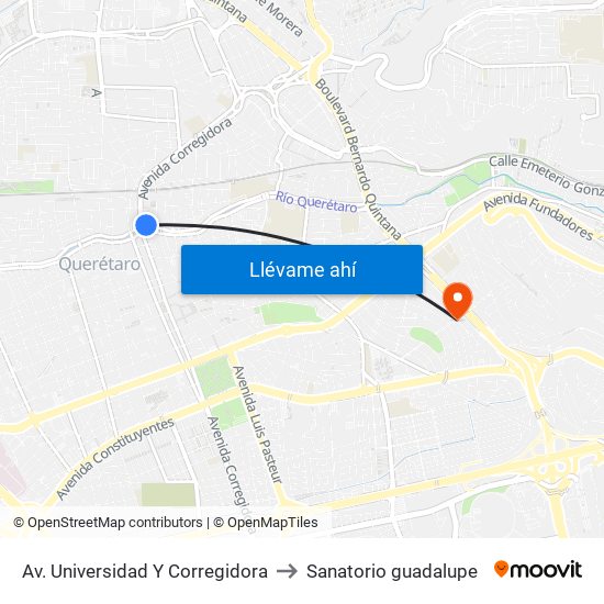 Av. Universidad Y Corregidora to Sanatorio guadalupe map