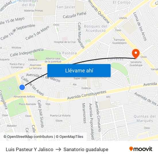 Luis Pasteur Y Jalisco to Sanatorio guadalupe map