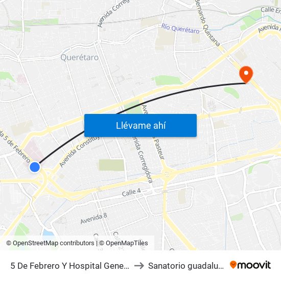 5 De Febrero Y Hospital General to Sanatorio guadalupe map