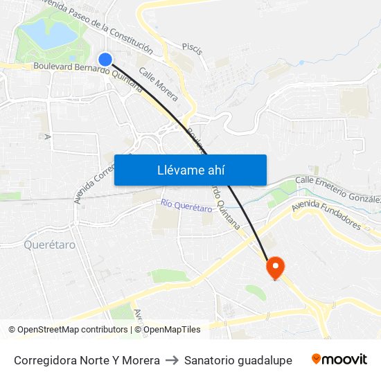 Corregidora Norte Y Morera to Sanatorio guadalupe map