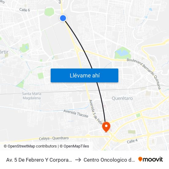 Av. 5 De Febrero Y Corporativo Santander to Centro Oncologico de Queretaro map