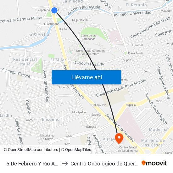 5 De Febrero Y Río Ayutla to Centro Oncologico de Queretaro map