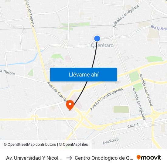 Av. Universidad Y Nicolas Bravo to Centro Oncologico de Queretaro map